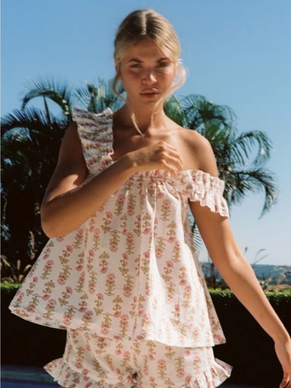 Piyama Nicolette sleep One-Shoulder Floral Ruffle Camisole in Light Pink